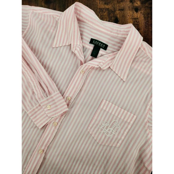Lauren Ralph Lauren Tops - Lauren Ralph Lauren Womens L Button Up Pink/White Striped Embroidered Pocket
